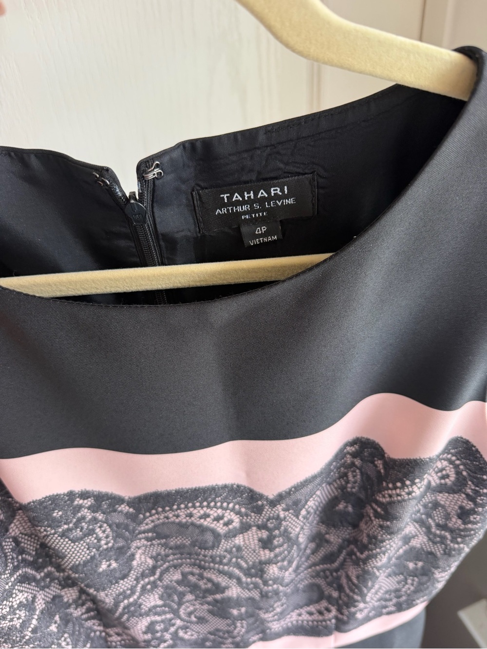Tahari Black Dress with Pink Lace-Print Band